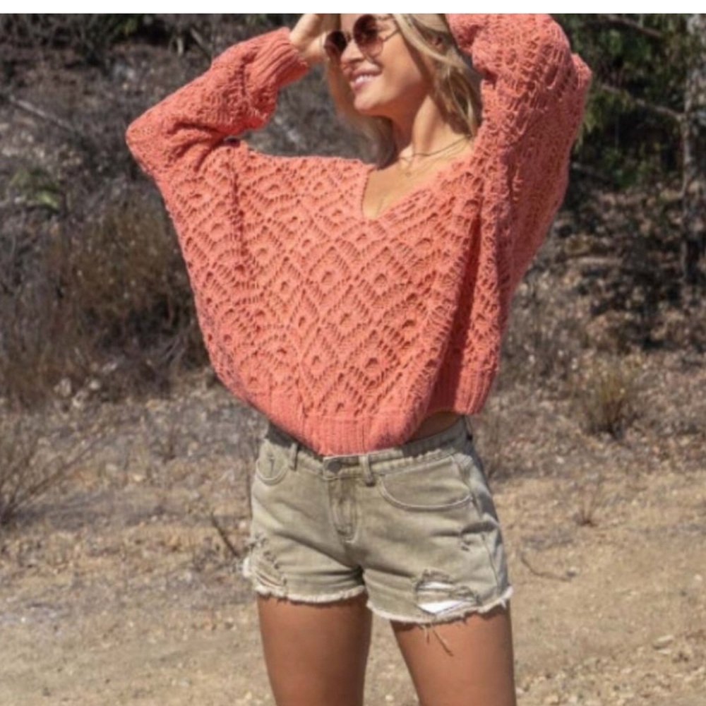 VICI Chenille oversized coral chunky knit V-neck sweater sz S